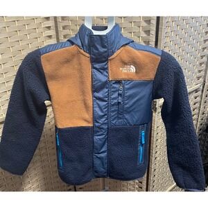 The North Face Kids Denali Hooded Fleece Jacket Navy Brown Colorblock Full Zip